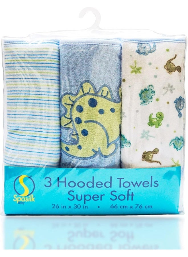 Spasilk Baby 3 Pack Soft Terry Hooded Towel Set for Newborn Boys and Girls Blue Dino, 26x30 Inch - Image 1