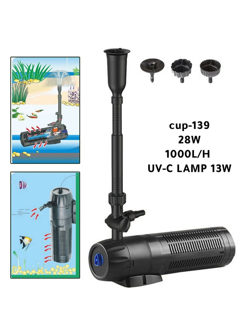 Generic Submersible Filter with Fountain for Large Aquariums and Ponds with UV Sterilization Lamp – 1000 Liters per Hour – Efficient Water Filtration and Sterilization for Healthy Aquatic Environments  - Image 1