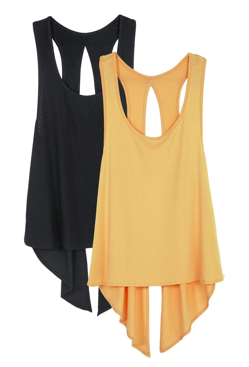 icyzone Tie Back Yoga Tops for Women, Lightweight Workout Athletic Tanks, Breathable Gym Shirts (Pack of 2)(Black/Dandelion, S) - Image 1