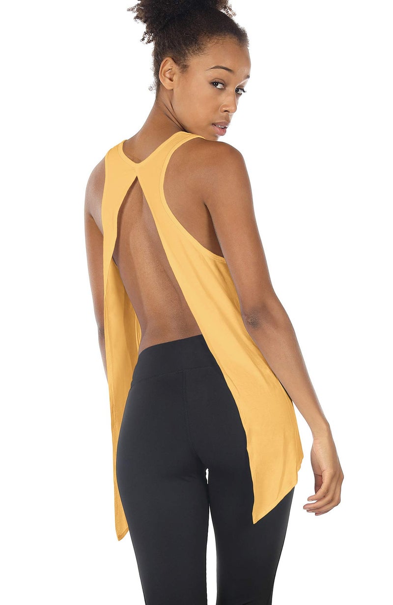 icyzone Tie Back Yoga Tops for Women, Lightweight Workout Athletic Tanks, Breathable Gym Shirts (Pack of 2)(Black/Dandelion, S) - Image 5