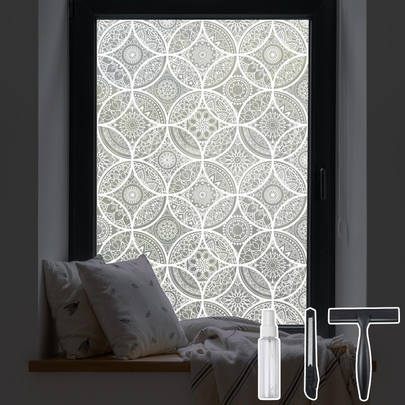 DKTIE Bohemian Decor Stained Glass Window Film with Installation Tools, Two-Way Window Privacy Film, Reduce Glare, Pure White, 17.7 x 78.7 Inch - Image 1