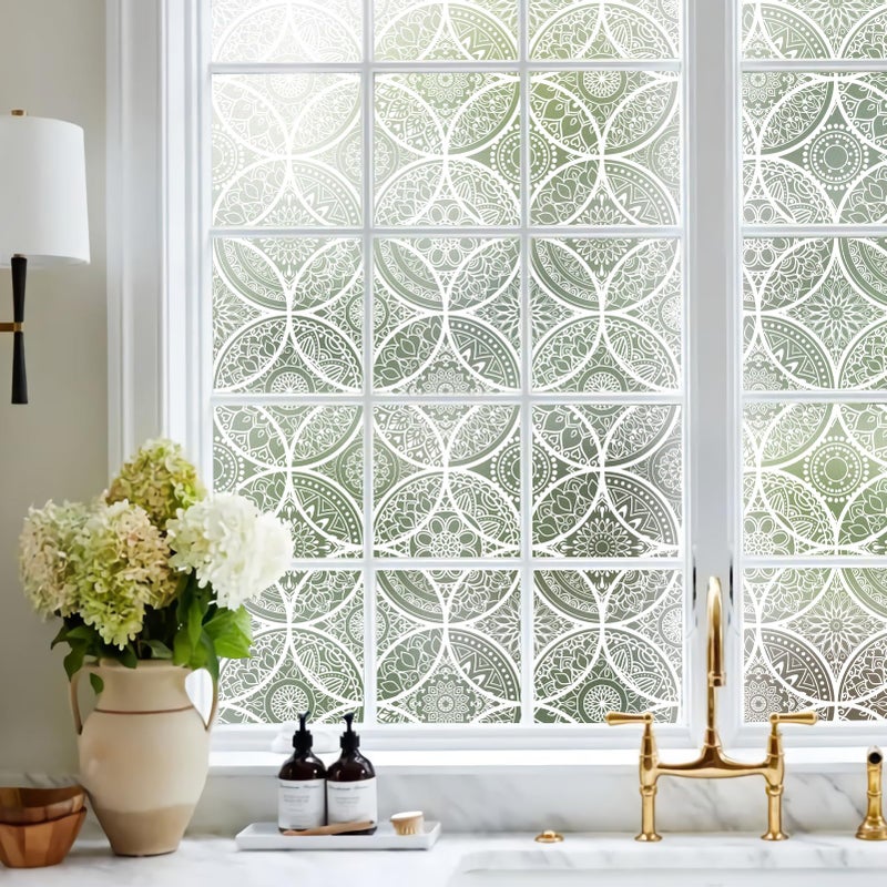 DKTIE Bohemian Decor Stained Glass Window Film with Installation Tools, Two-Way Window Privacy Film, Reduce Glare, Pure White, 17.7 x 78.7 Inch - Image 3