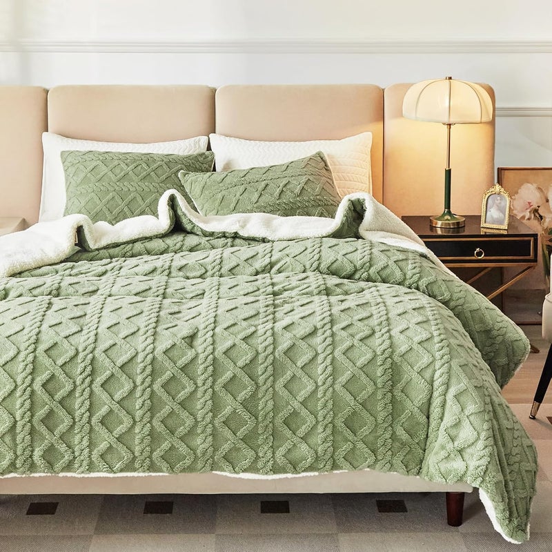 Joyreap 3-Piece Fluffy Faux Fur Sherpa Comforter Set Green, Queen Size Luxury Tufted Bedding Comforter Set, All Season Soft n Cozy Plush Comforter Bed Set- 88x88 inches - Image 1