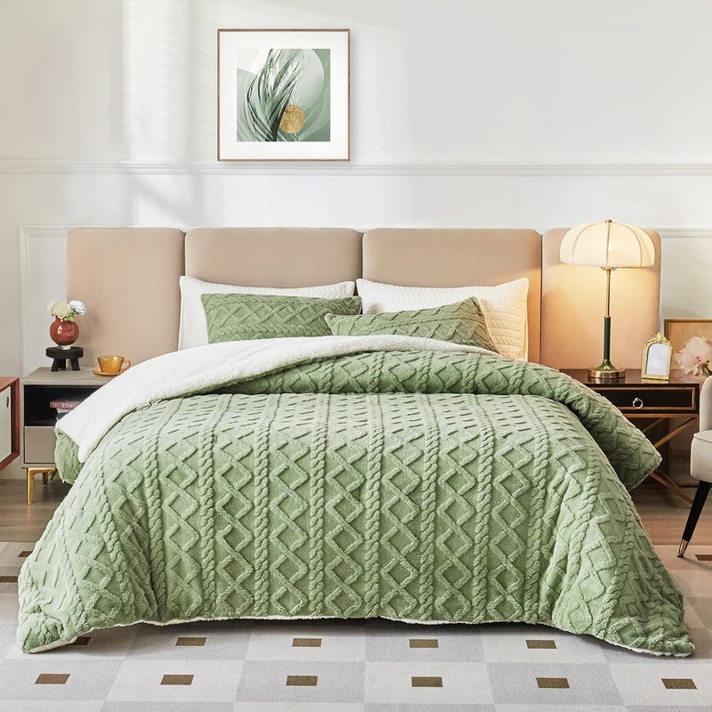 Joyreap 3-Piece Fluffy Faux Fur Sherpa Comforter Set Green, Queen Size Luxury Tufted Bedding Comforter Set, All Season Soft n Cozy Plush Comforter Bed Set- 88x88 inches - Image 3
