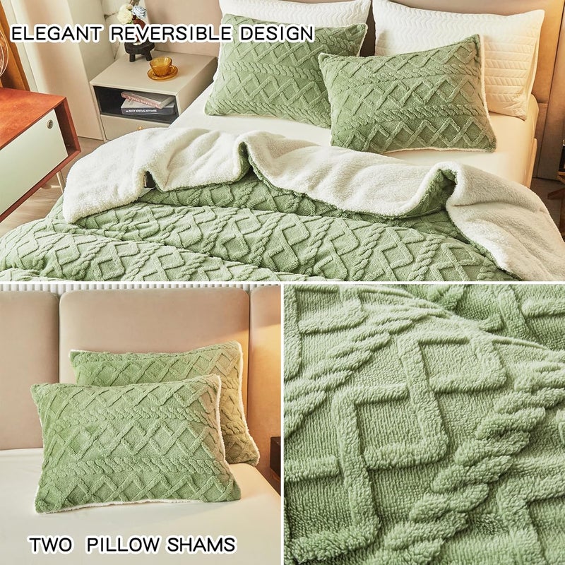 Joyreap 3-Piece Fluffy Faux Fur Sherpa Comforter Set Green, Queen Size Luxury Tufted Bedding Comforter Set, All Season Soft n Cozy Plush Comforter Bed Set- 88x88 inches - Image 5