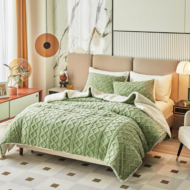 Joyreap 3-Piece Fluffy Faux Fur Sherpa Comforter Set Green, Queen Size Luxury Tufted Bedding Comforter Set, All Season Soft n Cozy Plush Comforter Bed Set- 88x88 inches - Image 2