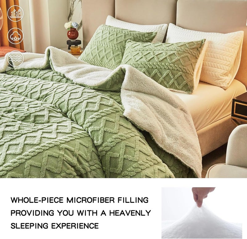 Joyreap 3-Piece Fluffy Faux Fur Sherpa Comforter Set Green, Queen Size Luxury Tufted Bedding Comforter Set, All Season Soft n Cozy Plush Comforter Bed Set- 88x88 inches - Image 4