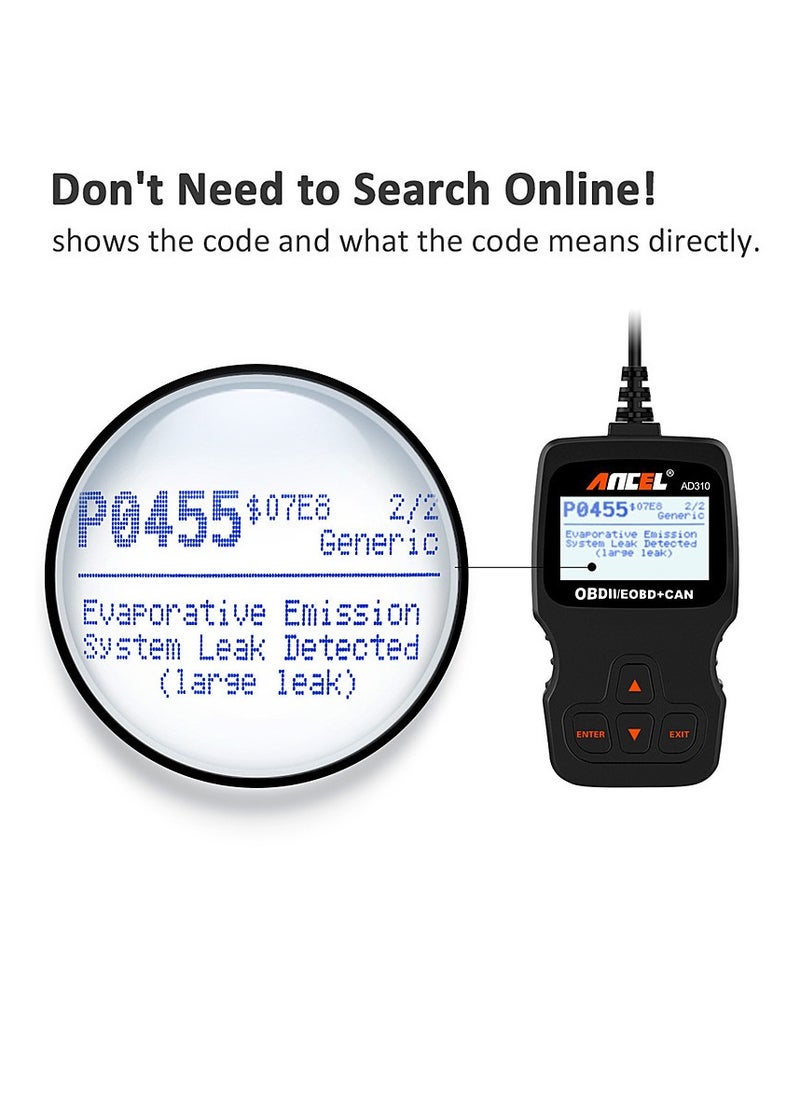 Ancel - أداة فحص تشخيصية AD310 Classic Enhanced Universal OBD II لقراءة رموز أعطال محرك السيارة - لون أسود - Image 1