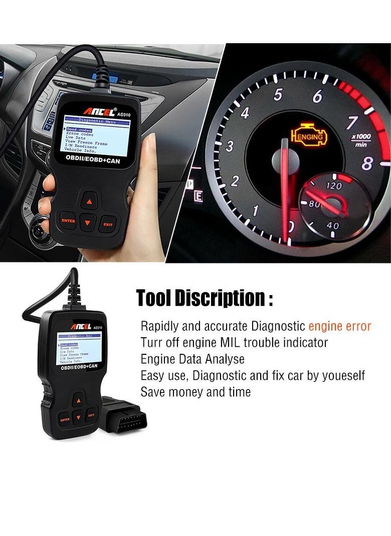 Ancel - أداة فحص تشخيصية AD310 Classic Enhanced Universal OBD II لقراءة رموز أعطال محرك السيارة - لون أسود - Image 1