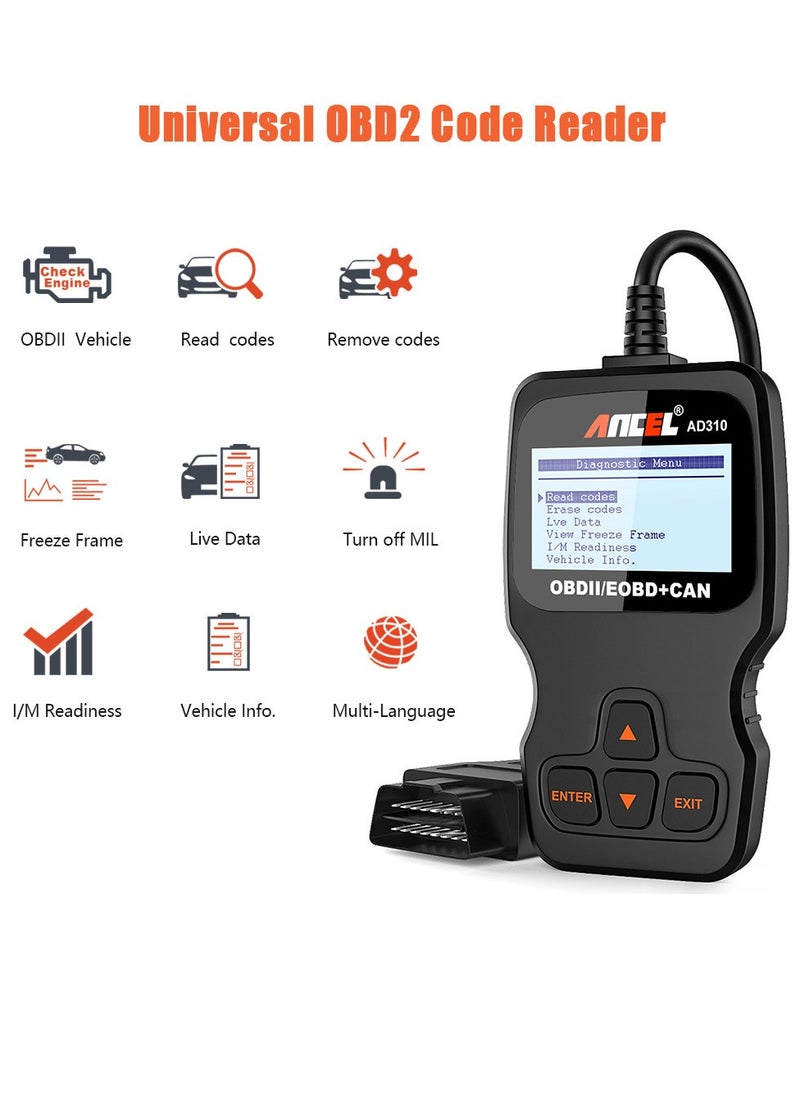 Ancel - أداة فحص تشخيصية AD310 Classic Enhanced Universal OBD II لقراءة رموز أعطال محرك السيارة - لون أسود - Image 1