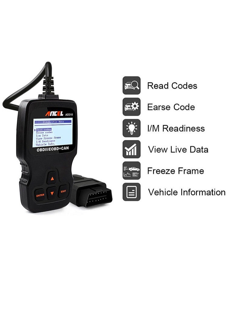 Ancel - أداة فحص تشخيصية AD310 Classic Enhanced Universal OBD II لقراءة رموز أعطال محرك السيارة - لون أسود - Image 1