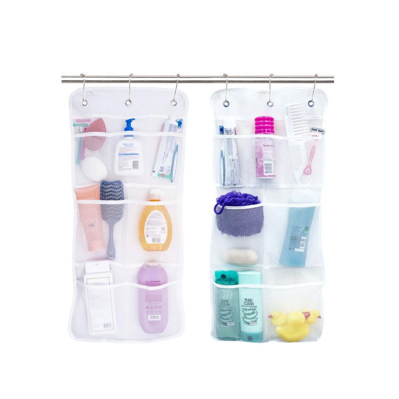 Zikra Shower Organizer, Shower Caddy or Bathroom Organizer with Quick Drying Mesh, 7 Pockets to Hold Shampoo, Soap, Loofah, and Cruise Ship Essentials, 14 Inch by 30 Inch, White, 2 Pack - Image 1