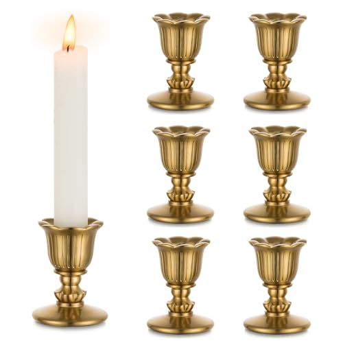 Romadedi Vintage Candlestick Candle Holders Brass Romadedi Taper Gold Candle Stick Victorian Style for Table Centerpiece Wedding Reception Festive Christmas Mantel Decoration or Home Decor Set of 6 - Image 1