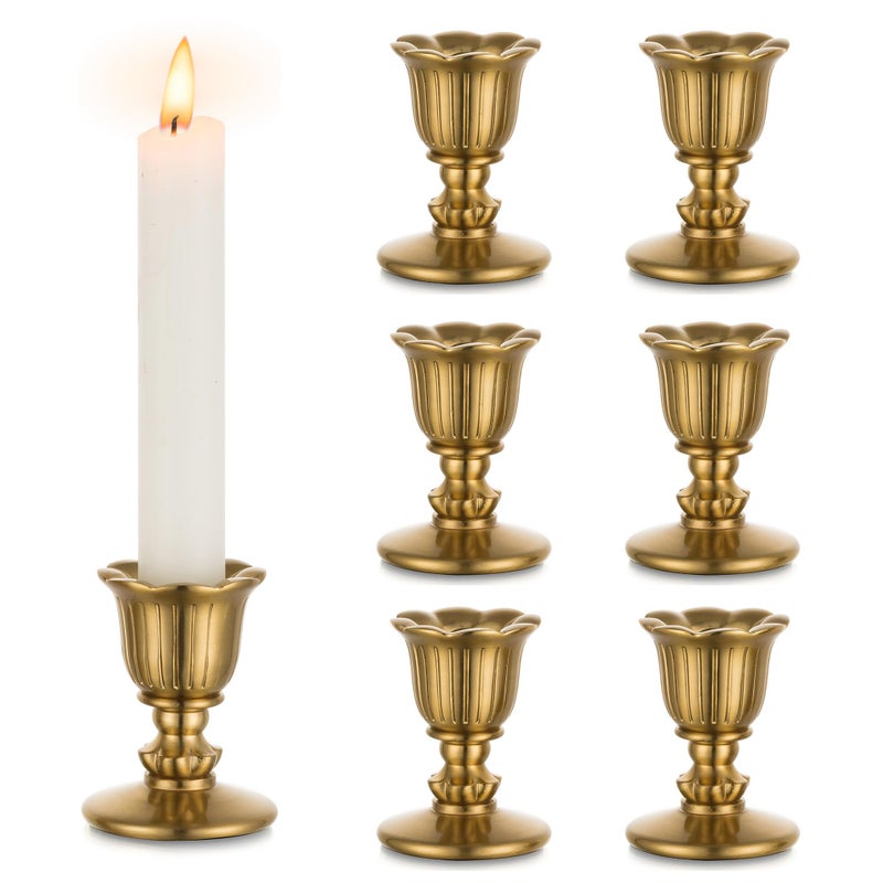 Romadedi Vintage Candlestick Candle Holders Brass Romadedi Taper Gold Candle Stick Victorian Style for Table Centerpiece Wedding Reception Festive Christmas Mantel Decoration or Home Decor Set of 6 - Image 2