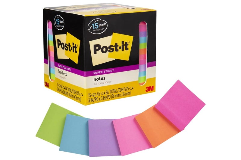 Post-it Super Sticky Notes, Assorted Bright Colors, 3x3 in, 15 Pads/Pack, 45 Sheets/Pad, 2X The Sticking Power, Recyclable, Multi-Color - Image 1
