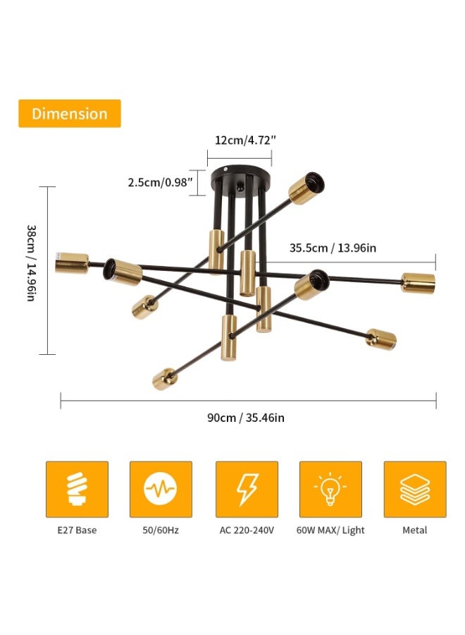 Industrial Ceiling Lamps, 8-Light Ceiling Lamp Salon E27 for Dining Room, Bedroom, Living Room Kitchen, Black and Gold (No Bulb) - Image 2