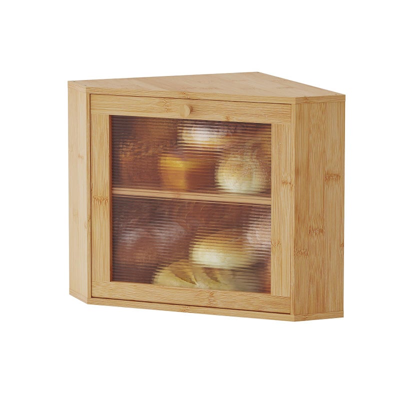 kiplant Bamboo Corner Bread Box for Kitchen Countertop - Wavy Acrylic Door, Adjustable 2-Layer Bread Storage Container, Large Bread Holder - Image 1