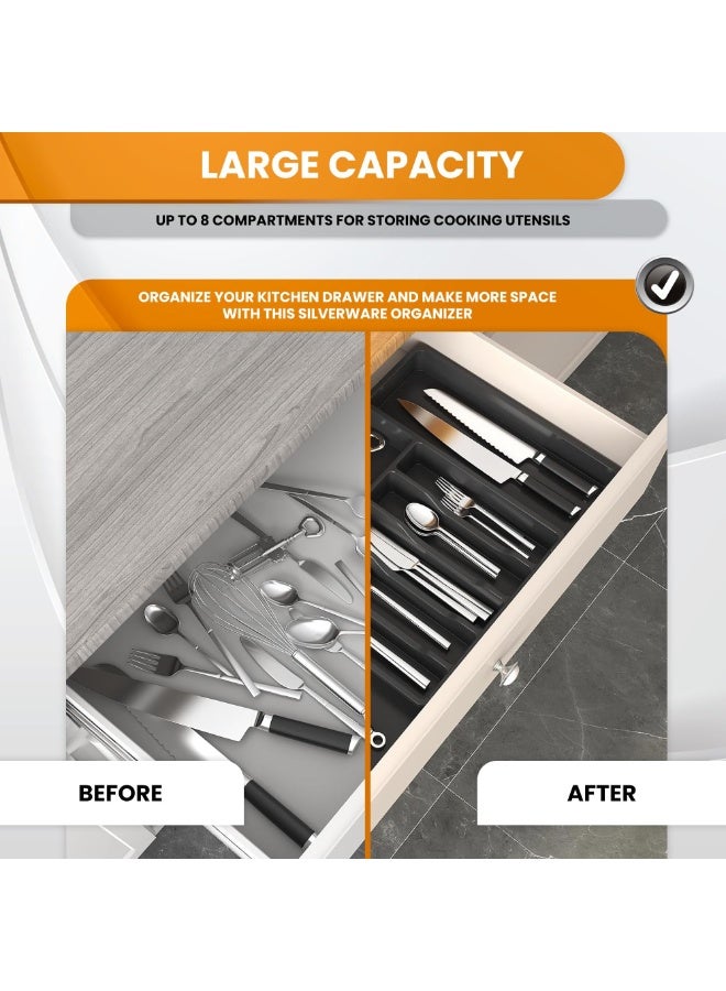 ZERIFAM منظم أدراج أدوات المائدة، منظم أدراج أدوات المائدة القابل للتعديل القابل للتوسيع، تخزين أدوات المائدة البلاستيكية لأدراج المطبخ للملاعق والشوك والسكاكين - Image 5