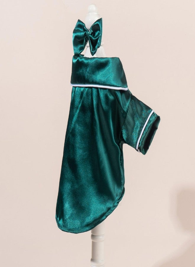 Layheld Cat Puppy Costume Elegant Satin Pajamas with Bow Headband 2PCs Set Pet Sleepwear Cute Pet Outfit Cosplay Partywear Photoshoots (Green Set,Small) - Image 4