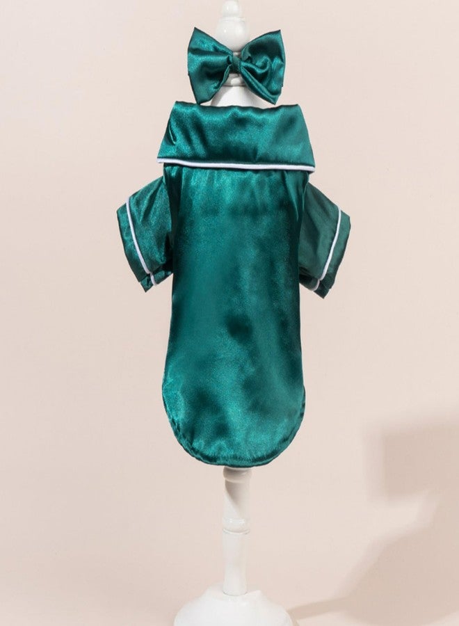 Layheld Cat Puppy Costume Elegant Satin Pajamas with Bow Headband 2PCs Set Pet Sleepwear Cute Pet Outfit Cosplay Partywear Photoshoots (Green Set,Small) - Image 3