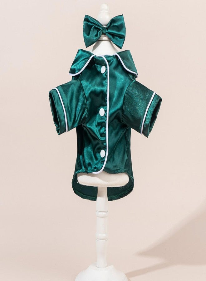 Layheld Cat Puppy Costume Elegant Satin Pajamas with Bow Headband 2PCs Set Pet Sleepwear Cute Pet Outfit Cosplay Partywear Photoshoots (Green Set,Small) - Image 2
