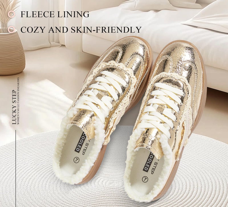 LUCKY STEP Womenâ€™s Mule Fashion Sneakers Slip On Backless Walking Shoes Winter Retro Comfy Casual Sneaker(11 M US Gold) - Image 2