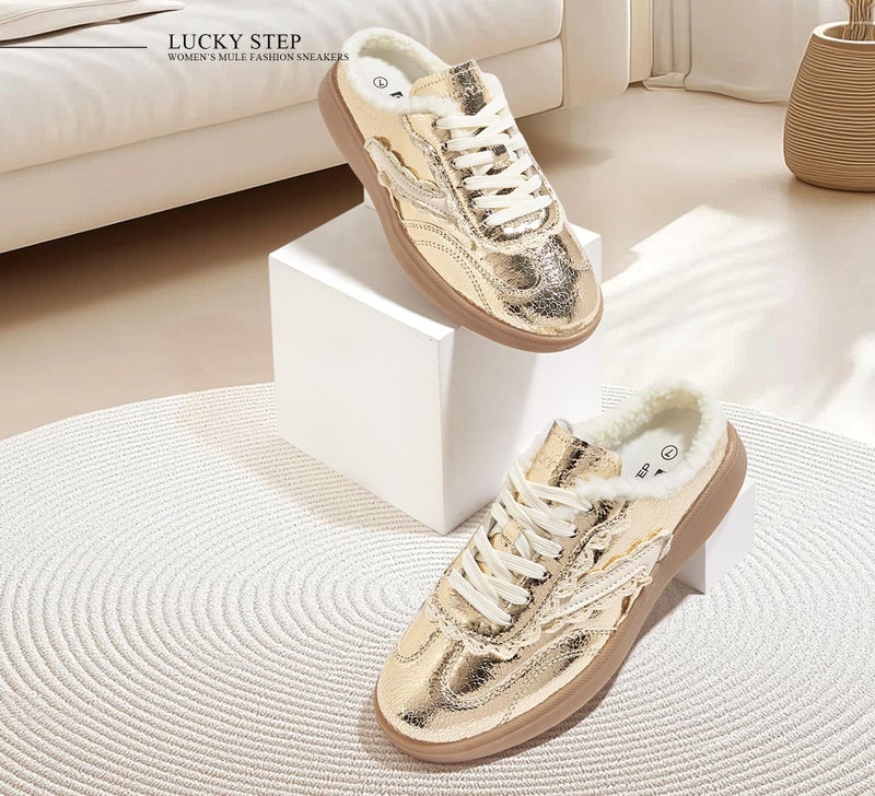 LUCKY STEP Womenâ€™s Mule Fashion Sneakers Slip On Backless Walking Shoes Winter Retro Comfy Casual Sneaker(11 M US Gold) - Image 3