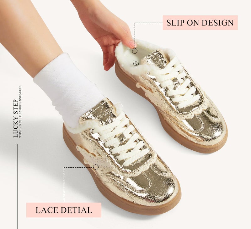 LUCKY STEP Womenâ€™s Mule Fashion Sneakers Slip On Backless Walking Shoes Winter Retro Comfy Casual Sneaker(11 M US Gold) - Image 4