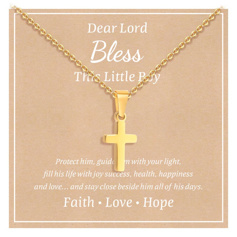 MEALGUET Easter Basket Stuffers for Toddler : Cross Necklace for Boys Stainless Steel Chain Pendant Necklace Jewelry Easter Gift First Communion Baptism Gifts for Son Nephew Kids, Gold Plated - Image 1