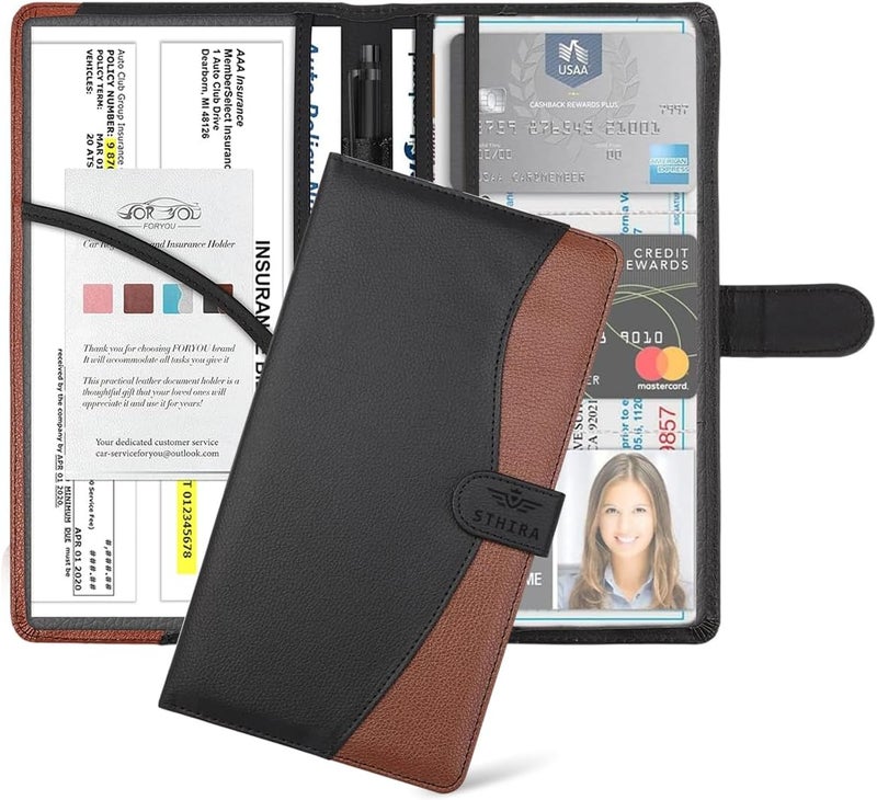 Individual & group usable STHIRA® Car Document Holder with Secure Closure, Durable Auto Truck Document Bag with Multi Compartment Card Slots Bifold PU Leather Car Registration And Insurance Holder For Glove Box, License, Cards Longevity optimized build - Image 1