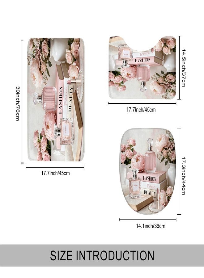 Riyidecor 4 PCS Pink Girly Bathroom Set with Shower Curtain and Rugs, Girls Fashion Flower Floral Book Elegant Woman 72Wx72H Inch Non-Slip Bath Rug Toilet Lid Cover U Shape Mat with 12 Hooks - Image 3