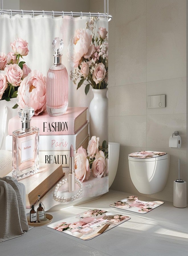 Riyidecor 4 PCS Pink Girly Bathroom Set with Shower Curtain and Rugs, Girls Fashion Flower Floral Book Elegant Woman 72Wx72H Inch Non-Slip Bath Rug Toilet Lid Cover U Shape Mat with 12 Hooks - Image 5