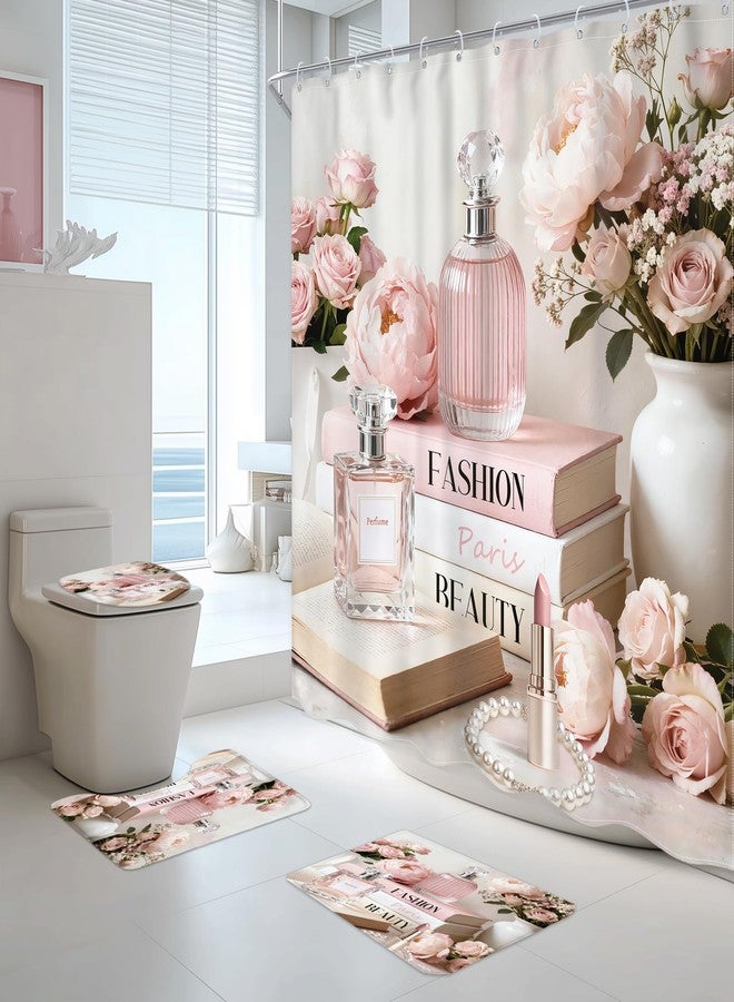 Riyidecor 4 PCS Pink Girly Bathroom Set with Shower Curtain and Rugs, Girls Fashion Flower Floral Book Elegant Woman 72Wx72H Inch Non-Slip Bath Rug Toilet Lid Cover U Shape Mat with 12 Hooks - Image 1