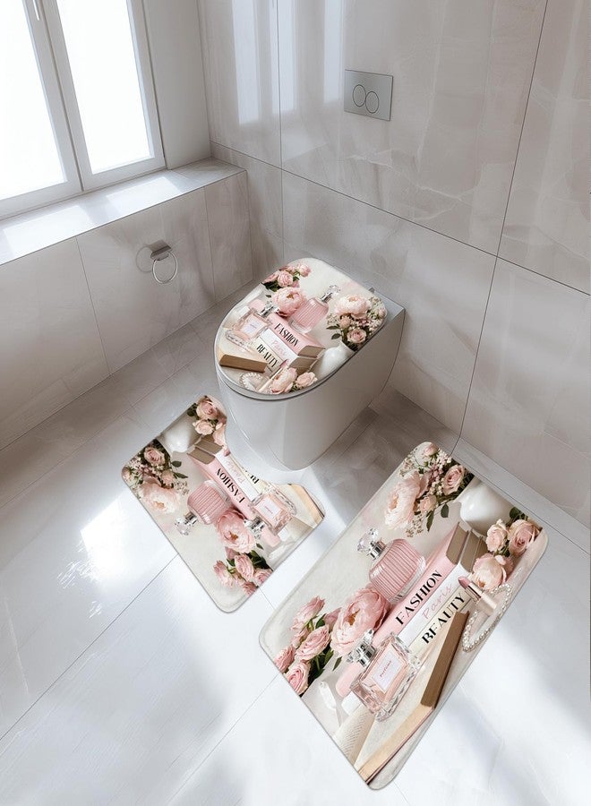 Riyidecor 4 PCS Pink Girly Bathroom Set with Shower Curtain and Rugs, Girls Fashion Flower Floral Book Elegant Woman 72Wx72H Inch Non-Slip Bath Rug Toilet Lid Cover U Shape Mat with 12 Hooks - Image 2