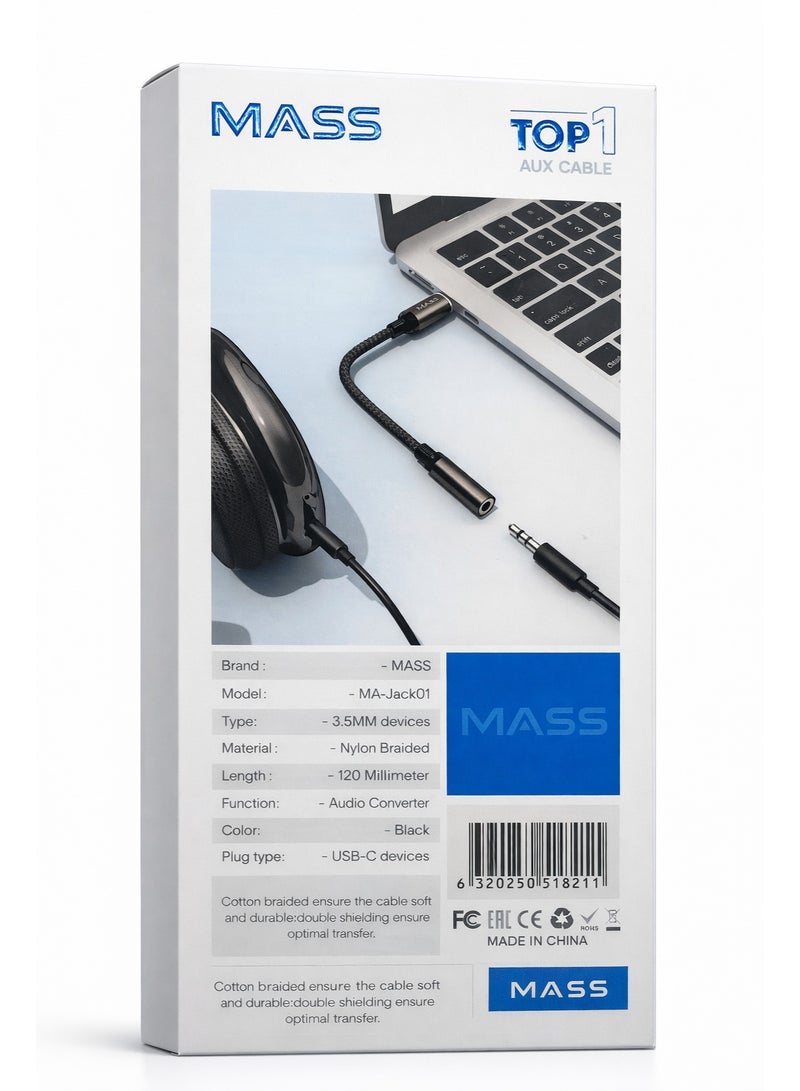 ماس محول USB-C رقمي إلى مقبس سماعة رأس أنثى 3.5 ملم، محول دونجل صوتي من النوع C أنثى، الموديل: MA-Jack01، متوافق مع مختلف الهواتف الذكية مزود بطبقة حماية من النايلون - أسود - Image 2