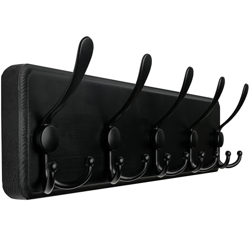 WEBI Coat Rack Wall Mount,Coat Hooks Wall Mounted Rustic,16" Hole to Hole,Large Coat Hanger Wall,Wood Hook Rack,5 Triple Hooks for Hanging Coats,Jacket,Clothes,Black - Image 1
