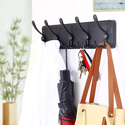 WEBI Coat Rack Wall Mount,Coat Hooks Wall Mounted Rustic,16" Hole to Hole,Large Coat Hanger Wall,Wood Hook Rack,5 Triple Hooks for Hanging Coats,Jacket,Clothes,Black - Image 4