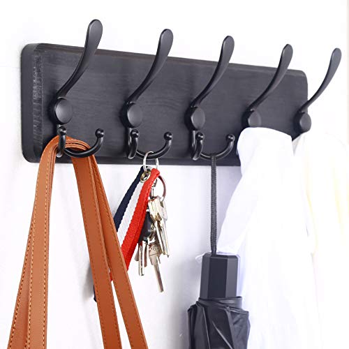 WEBI Coat Rack Wall Mount,Coat Hooks Wall Mounted Rustic,16" Hole to Hole,Large Coat Hanger Wall,Wood Hook Rack,5 Triple Hooks for Hanging Coats,Jacket,Clothes,Black - Image 2