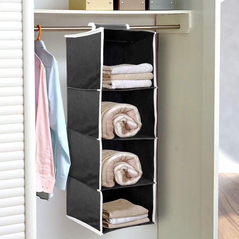 Kuber Industries Kuber Industries 4 Shelf ClosetWardrobe Hanging OrganizerShoes Storage CupboardNon Wovan Foldable With Universal FitSize 31 x 25 x 80 Pack of 1 Black GlossyFabric  - Image 2