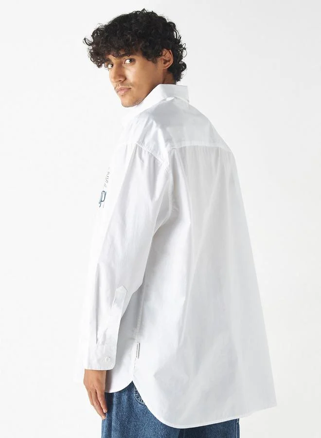 Lee Cooper Lee Cooper Logo Print Oversized Shirt with Long Sleeves and High-Low Hem