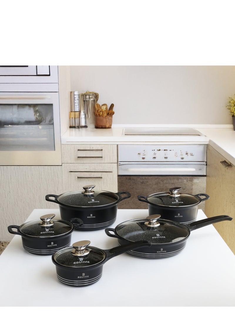 Bidstone Bidstone 10-Piece Non stick Granite coating Cook Ware Set - Forged Aluminium - Tempered Glass Lids - Black - Sizes:20/24/28 cm Casseroles + 28 cm Fry Pan + 16 cm Saucepan  - Image 1
