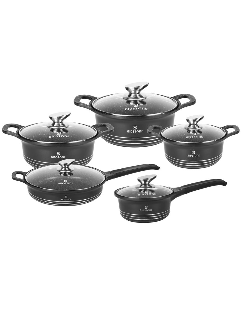 Bidstone Bidstone 10-Piece Non stick Granite coating Cook Ware Set - Forged Aluminium - Tempered Glass Lids - Black - Sizes:20/24/28 cm Casseroles + 28 cm Fry Pan + 16 cm Saucepan  - Image 2