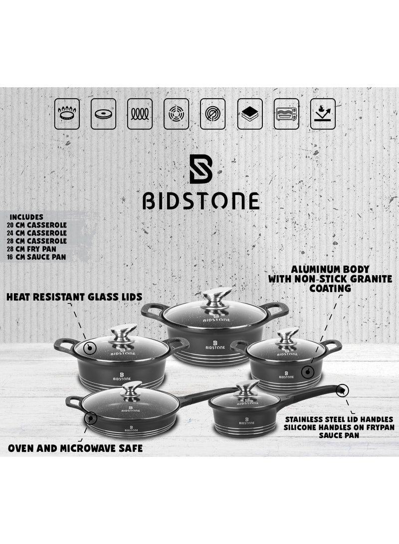Bidstone 10-Pieces cookware set, Pots and Pans Set Nonstick, Granite Coating, Elegant Design and Suitable for All Types of Stove, Induction bottom, Casseroles Oven safe,100% PFOA FREE,Kitchen Cooking Set, Includes Casserole 20 Cm with Lid/24 Cm with Lid/28 Cm with Lid, Frying Pan 28 Cm with Lid, Saucepan 16 Cm with Lid - Image 2