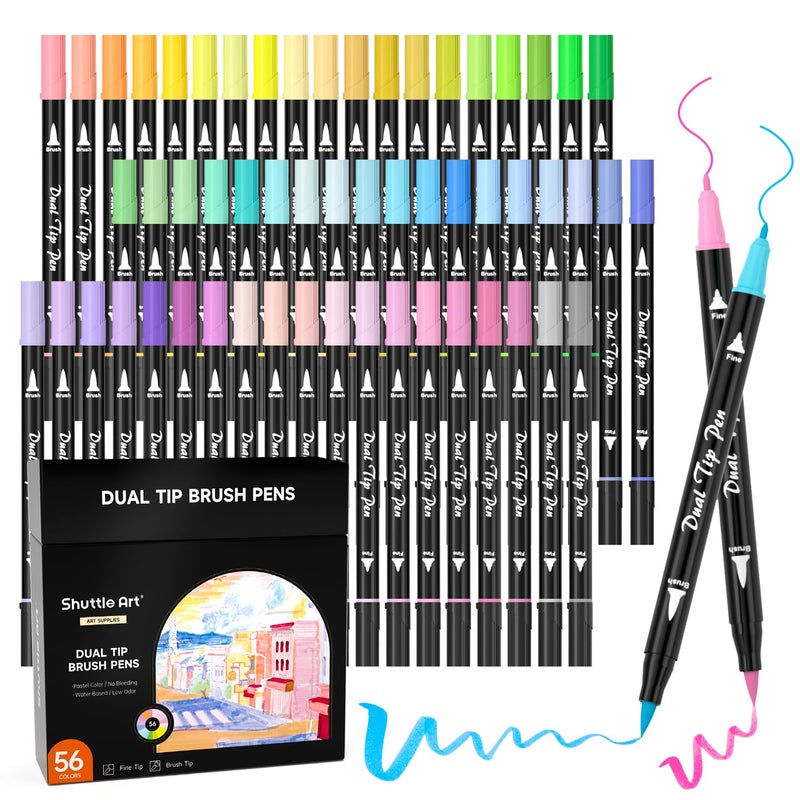 Shuttle Art Pastel Brush Pens, 56 Pastel Colouring Pens, Dual Tip Brush Markers with Fineliner Tip, Drawing Felt Tip Pens for Adults Colouring Books, Painting Sketching Calligraphy and Journaling - Image 1