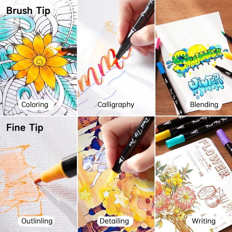 Shuttle Art Pastel Brush Pens, 56 Pastel Colouring Pens, Dual Tip Brush Markers with Fineliner Tip, Drawing Felt Tip Pens for Adults Colouring Books, Painting Sketching Calligraphy and Journaling - Image 5