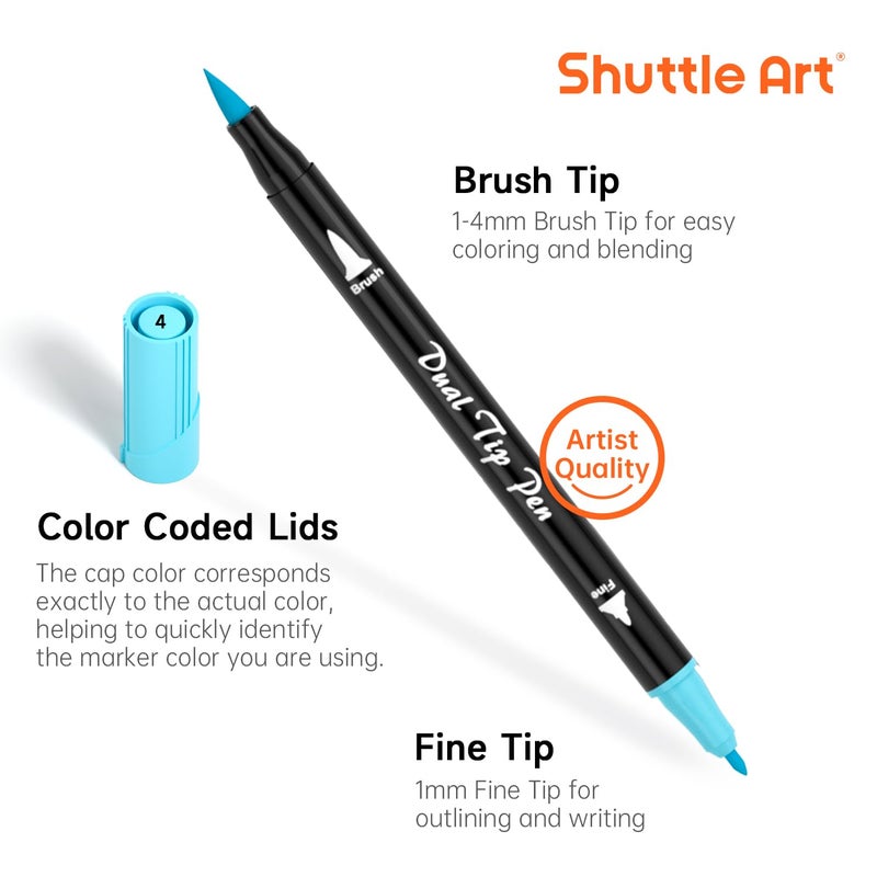 Shuttle Art Pastel Brush Pens, 56 Pastel Colouring Pens, Dual Tip Brush Markers with Fineliner Tip, Drawing Felt Tip Pens for Adults Colouring Books, Painting Sketching Calligraphy and Journaling - Image 3