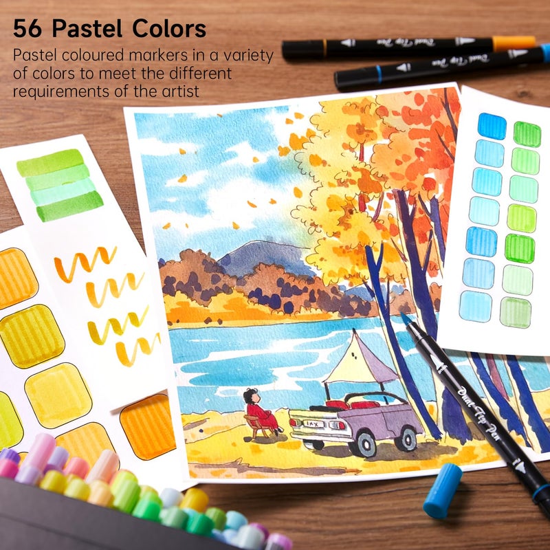 Shuttle Art Pastel Brush Pens, 56 Pastel Colouring Pens, Dual Tip Brush Markers with Fineliner Tip, Drawing Felt Tip Pens for Adults Colouring Books, Painting Sketching Calligraphy and Journaling - Image 4