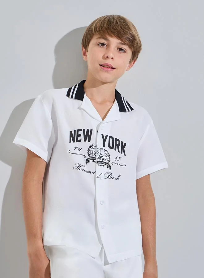 Styli Teen Boys Off White Graphic Print Contrast Collar Short Sleeves Shirt
