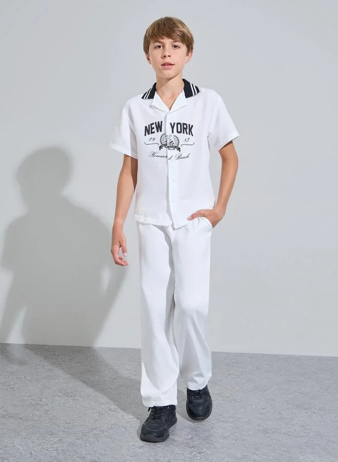 Styli Teen Boys Off White Graphic Print Contrast Collar Short Sleeves Shirt