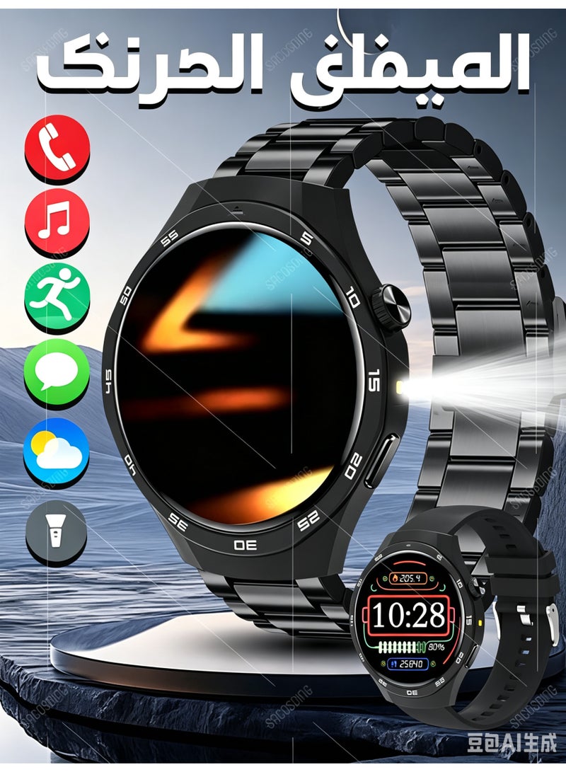 ساعة ذكية بشاشة AMOLED كبيرة 1.83 بوصة مع مكالمات بلوتوث وتتبع رياضي والتحكم بالموسيقى ومصباح يدوي LED لهواتف iOS وأندرويد - Image 1